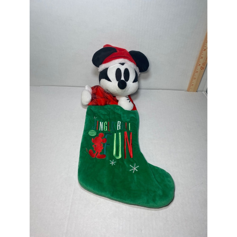 Disney Mickey Mouse Plush Christmas Stocking Jingle Bell Fun Green Red Plaid 18"